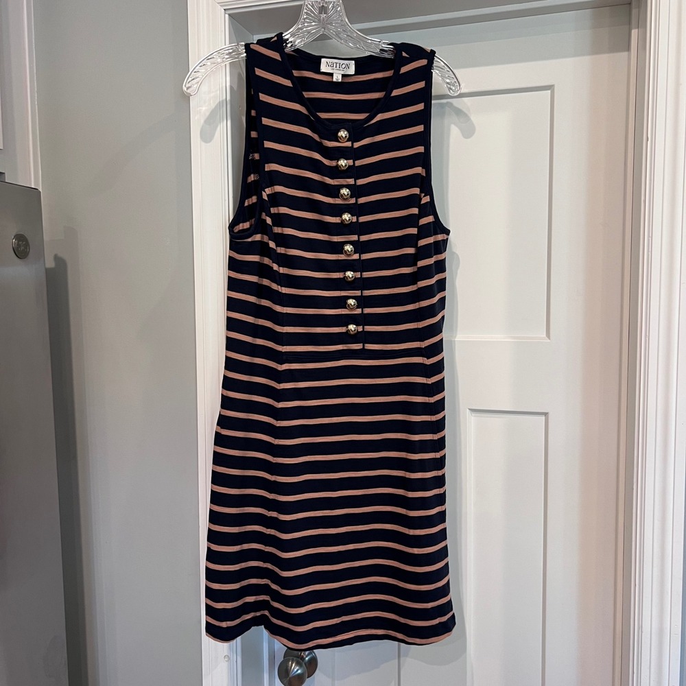 Nation LTD Los Angeles Striped Cotton Mini Dress Navy Tan Gold Buttons Large